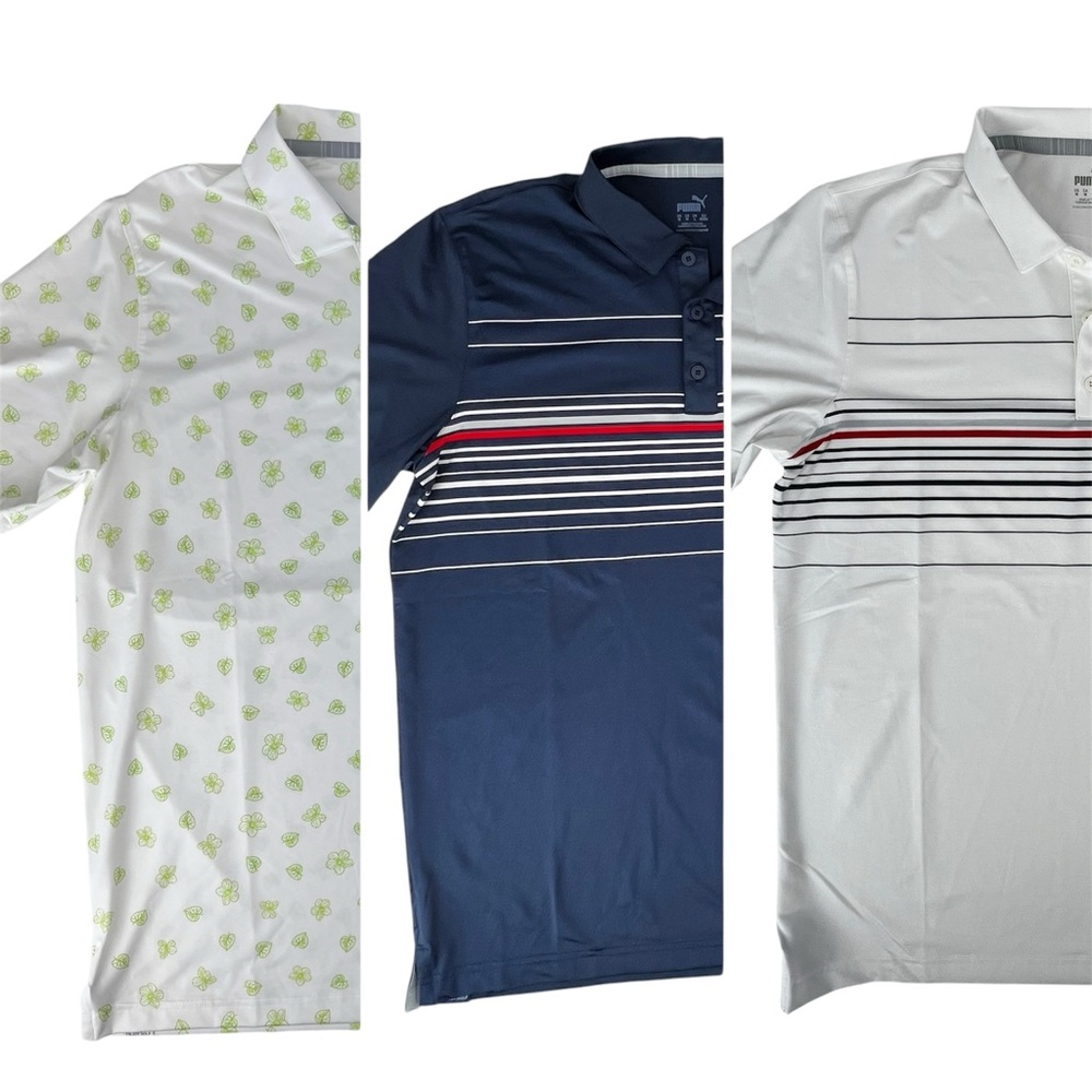 Puma White and Blue Polo Shirts Lot of Three. SPF Golf Medium